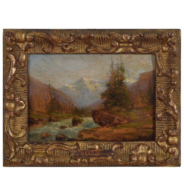 Oil on Wooden Panel Signed Charles Malfroy, Alpine River Scene