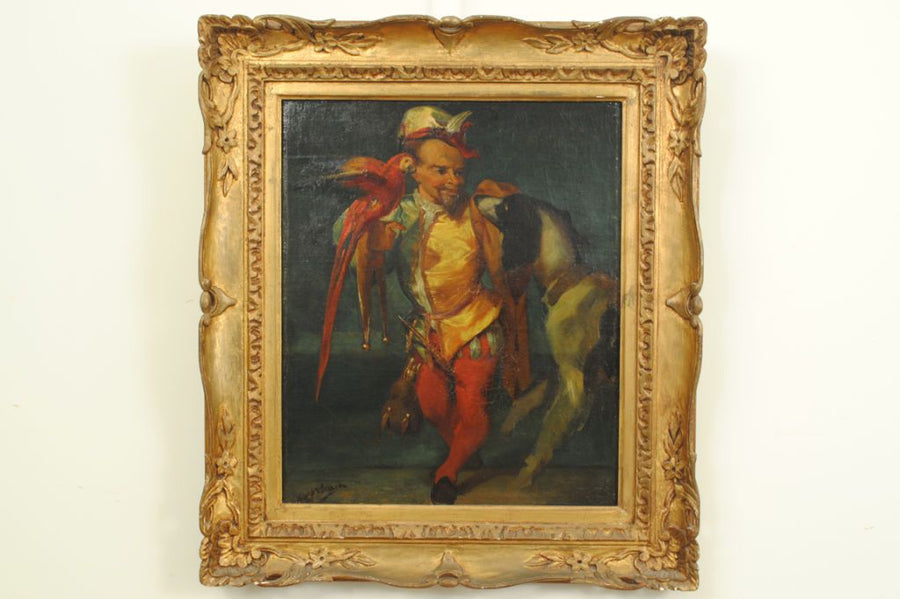 Signed Oil on Canvas, Jester with Parrot and Dog