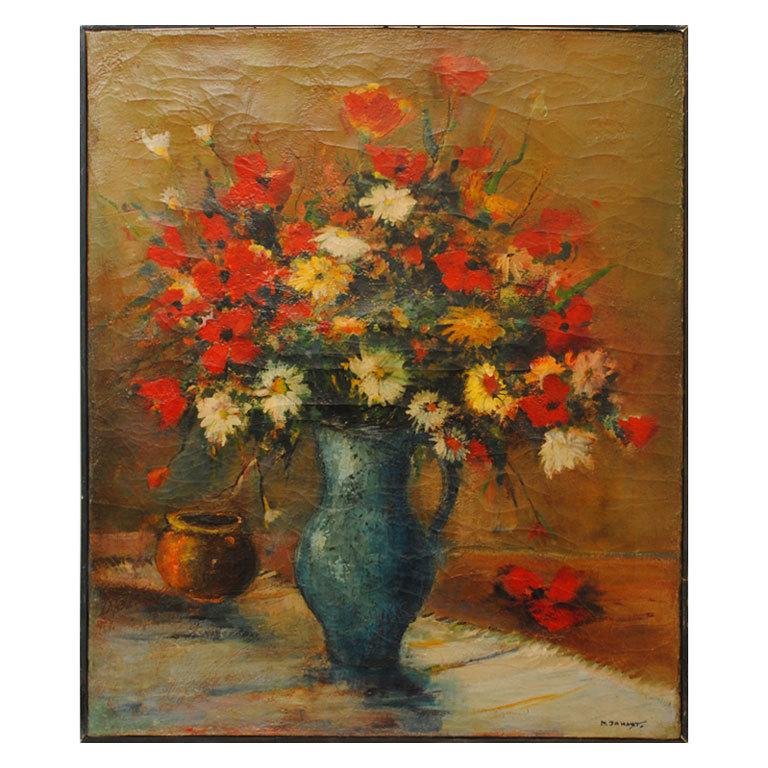 Oil on Canvas, Floral Still Life, signed M. Jamart