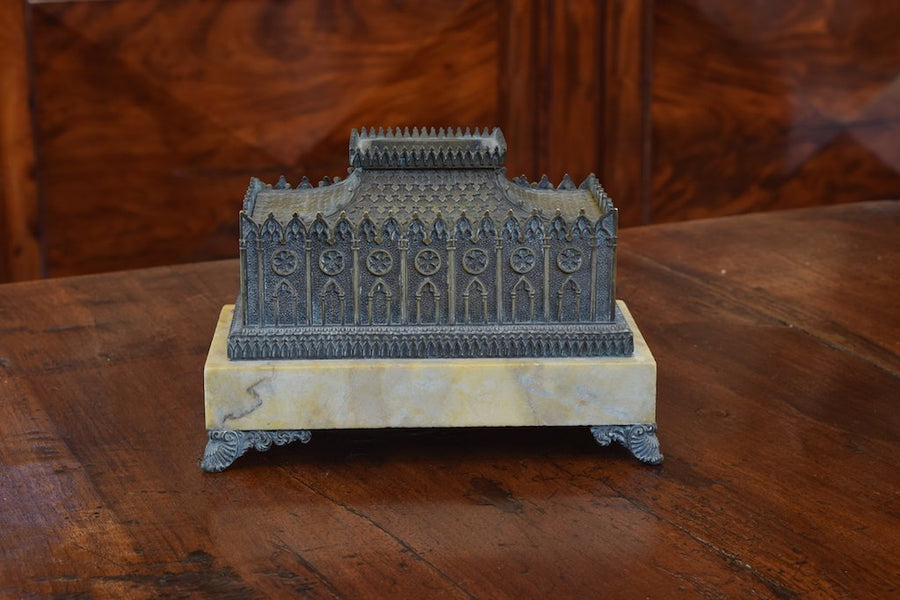 Patinated Brass and Marble Architectural Model Inkwell