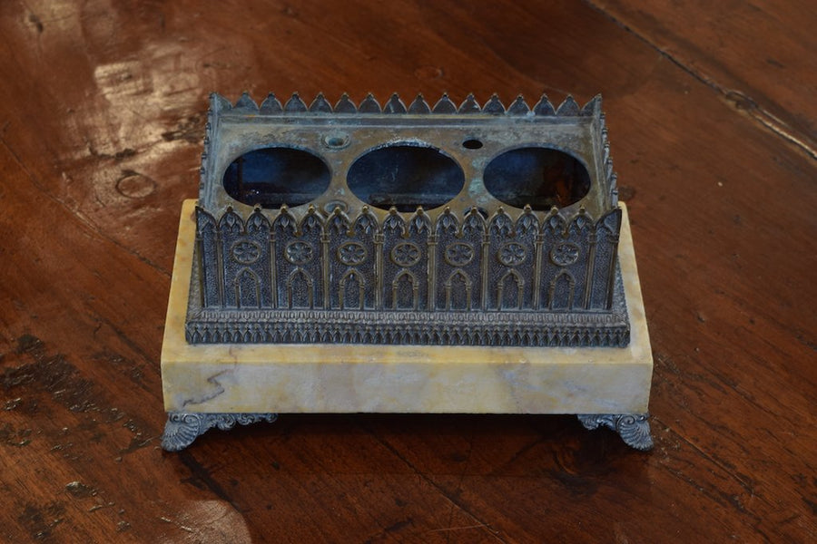 Patinated Brass and Marble Architectural Model Inkwell