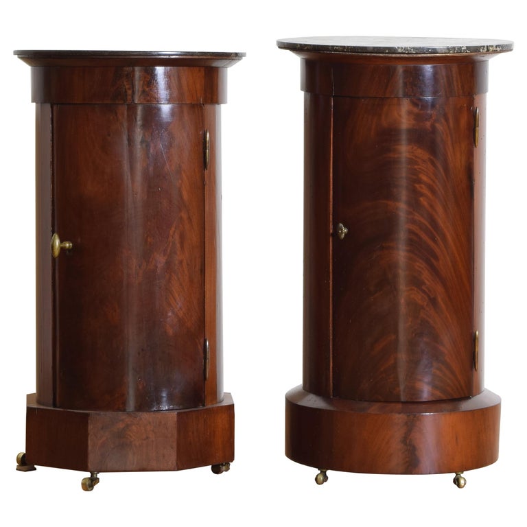 Near Pair of Mahogany and Marble-Top Pedestal Cabinets