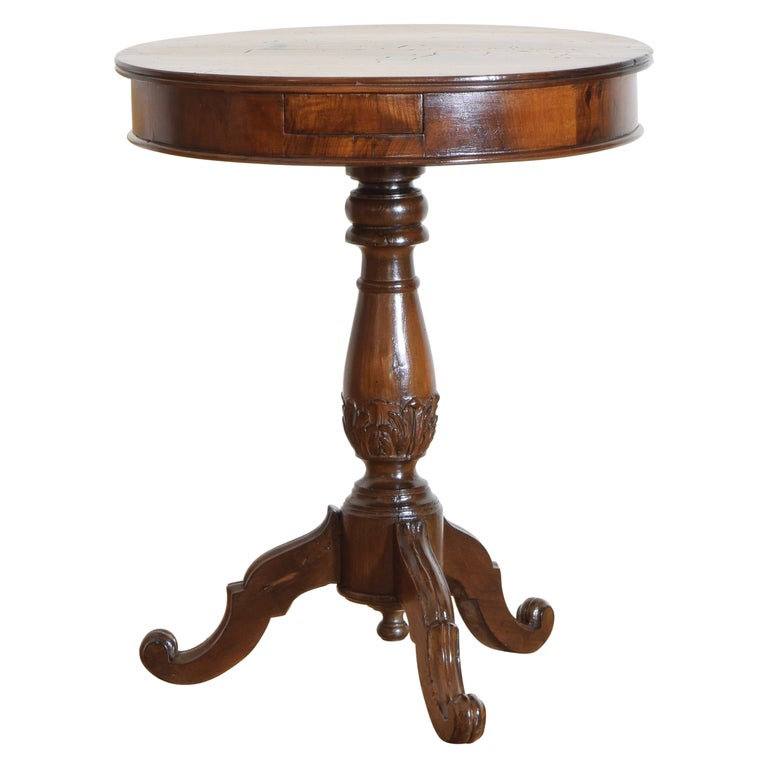 Carved Walnut 1-Drawer Pedestal Side Table