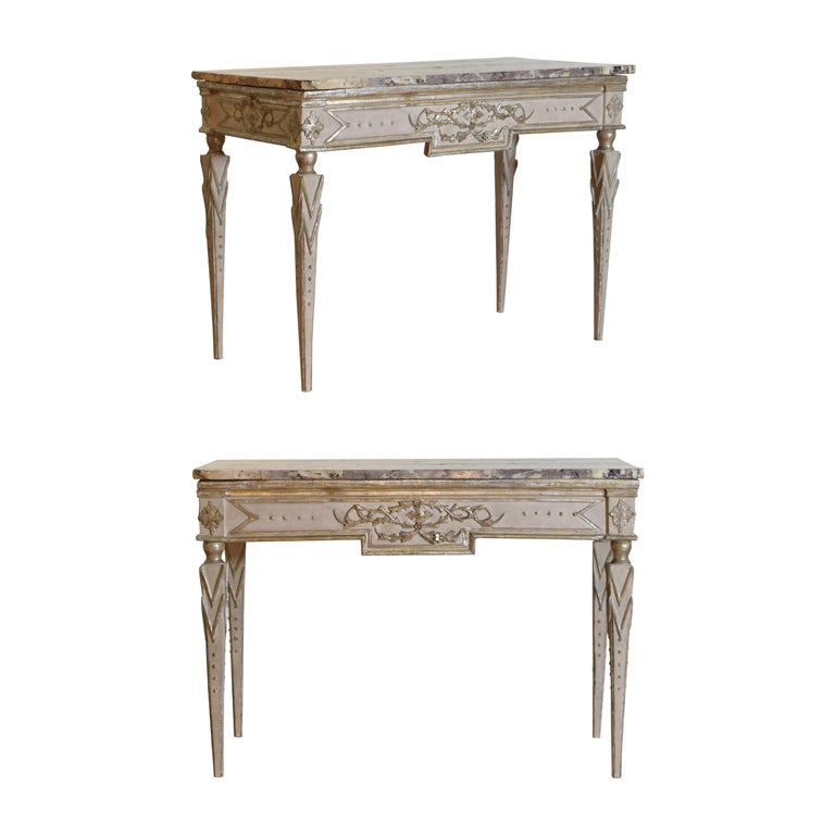 Pair of Silver Gilt and Mecca Marble-Top Consoles