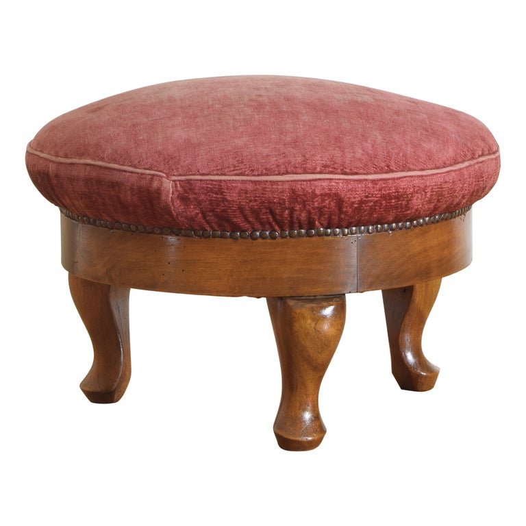 Velvet Upholstered Walnut Footstool or Pouf
