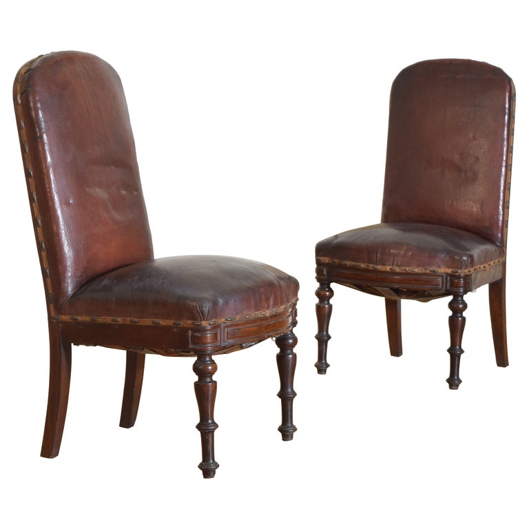 Pair of Walnut and Leather Salon Chairs