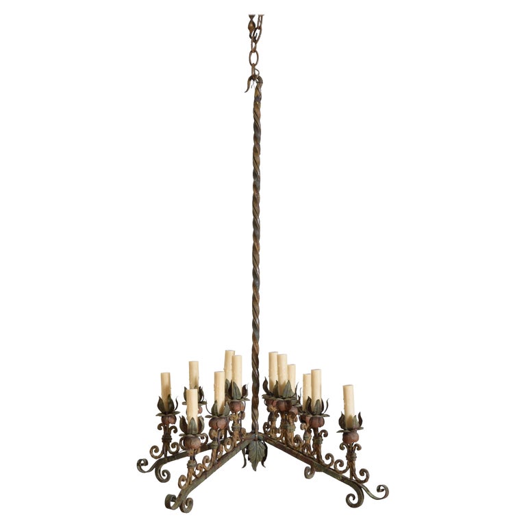 Wrought Iron and Polychrome Painted 12-Light Chandelier