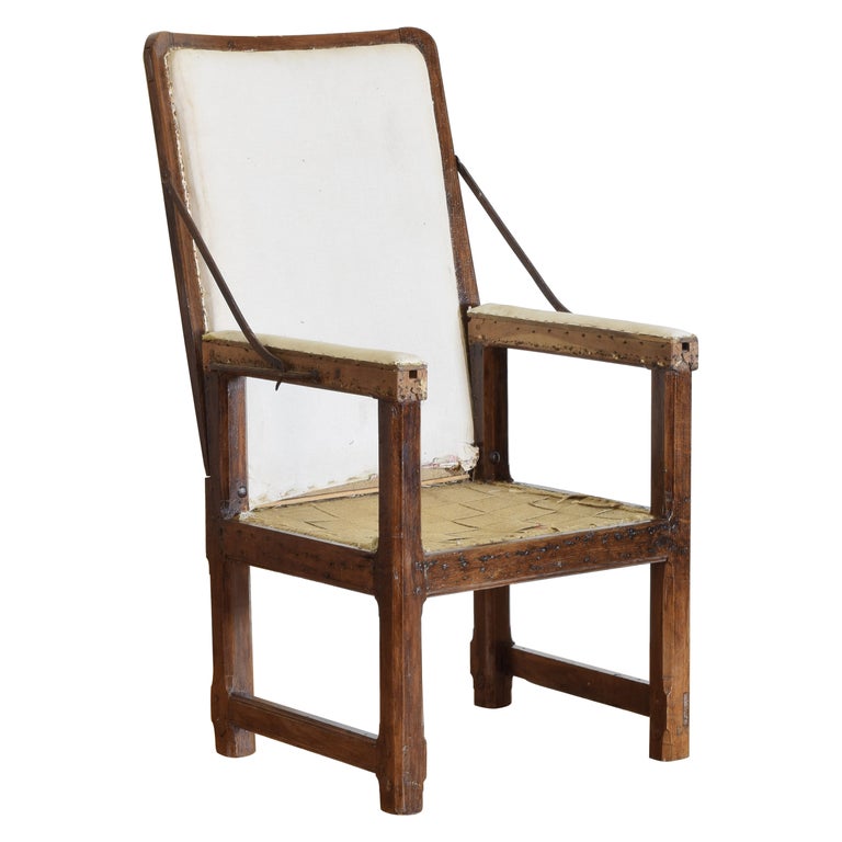 Shaped Oak and Iron Adjustable Reclining Armchair
