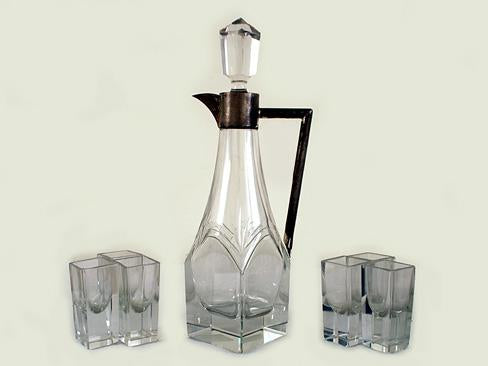 Sterling Silver Trimmed Glass Decanter Set and Mirrored Tray