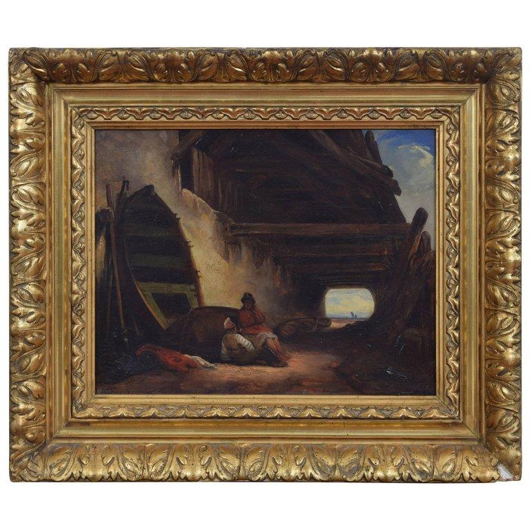 Oil on Canvas of Two Figures Relaxing Under an Eaves