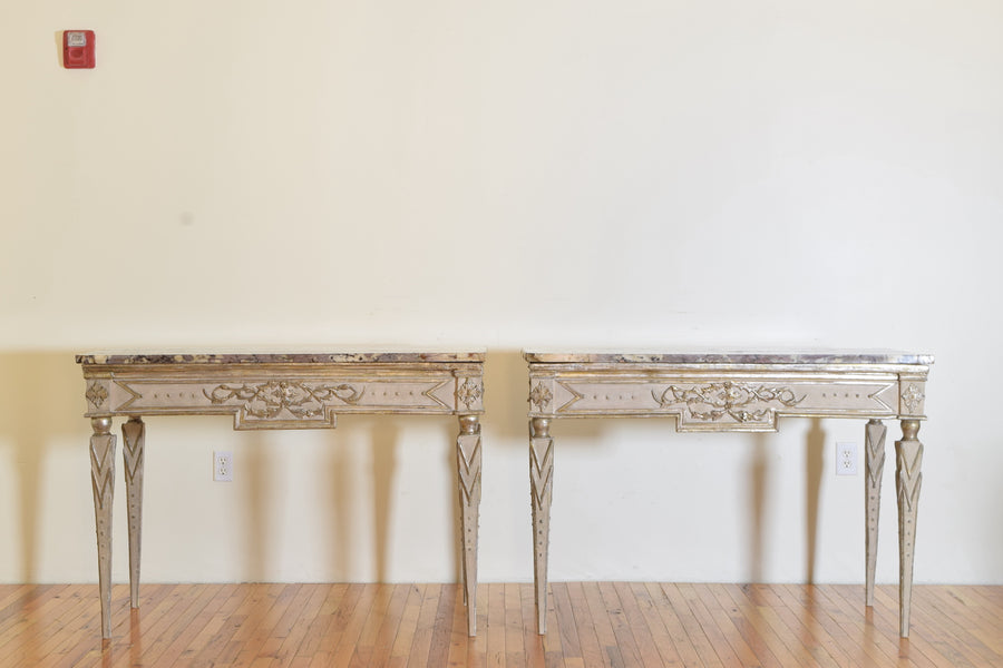 Pair of Silver Gilt and Mecca Marble-Top Consoles