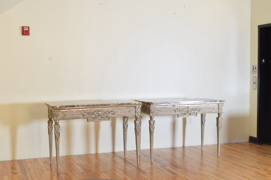 Pair of Silver Gilt and Mecca Marble-Top Consoles