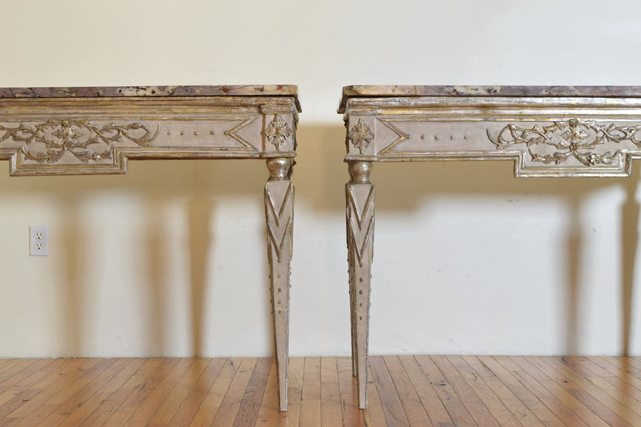 Pair of Silver Gilt and Mecca Marble-Top Consoles