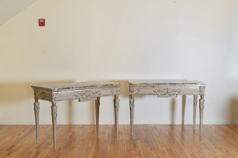 Pair of Silver Gilt and Mecca Marble-Top Consoles