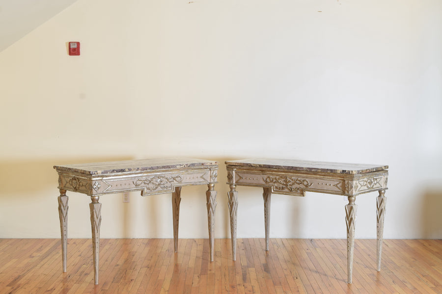 Pair of Silver Gilt and Mecca Marble-Top Consoles