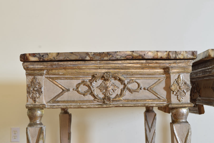 Pair of Silver Gilt and Mecca Marble-Top Consoles