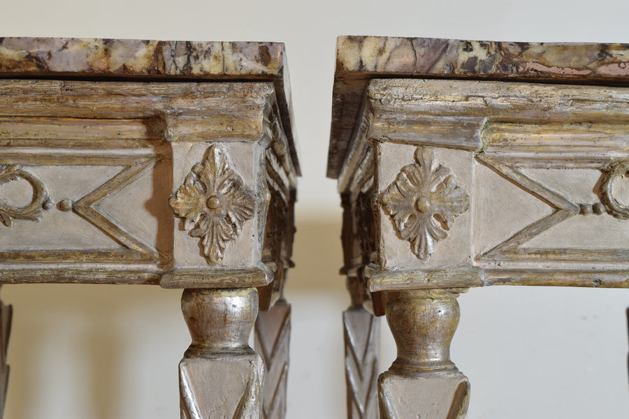 Pair of Silver Gilt and Mecca Marble-Top Consoles