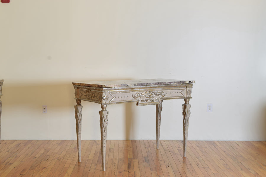 Pair of Silver Gilt and Mecca Marble-Top Consoles