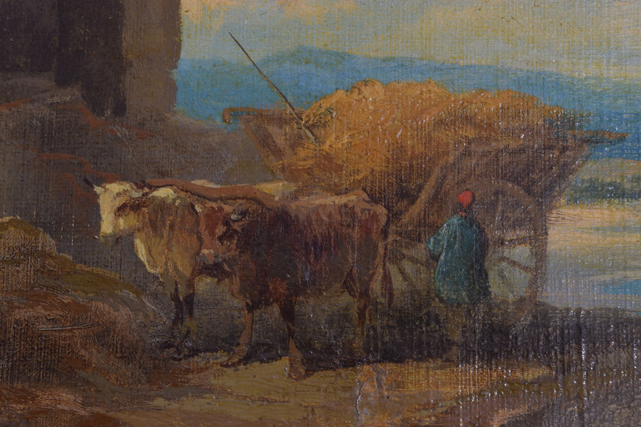 Oil on Canvas, Drover with Hay in River Valley