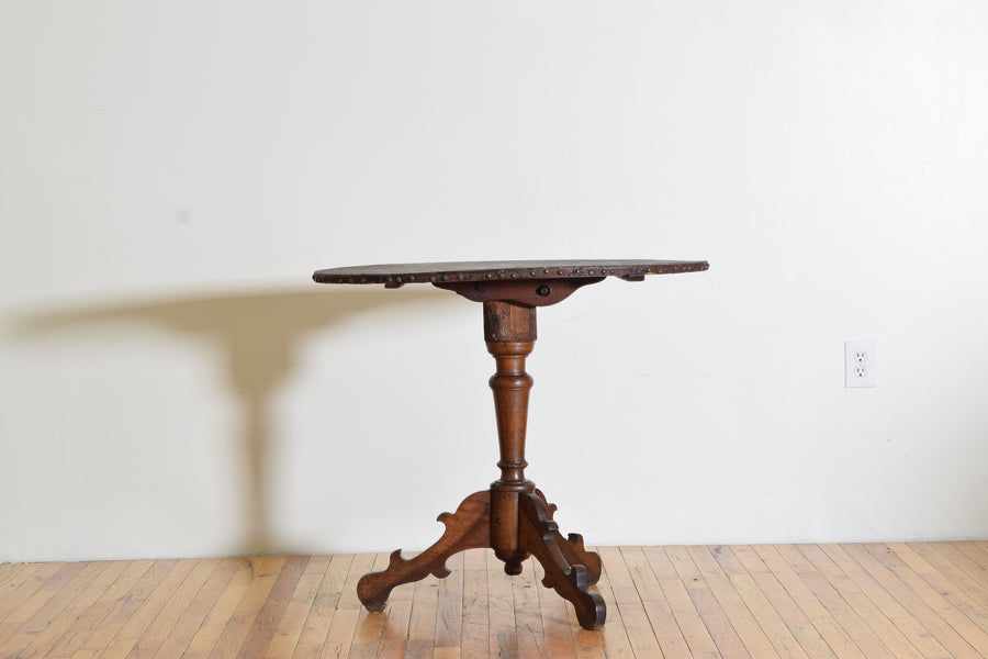 Near Pair of Walnut and Embossed Canvas Tilt-Top Tables