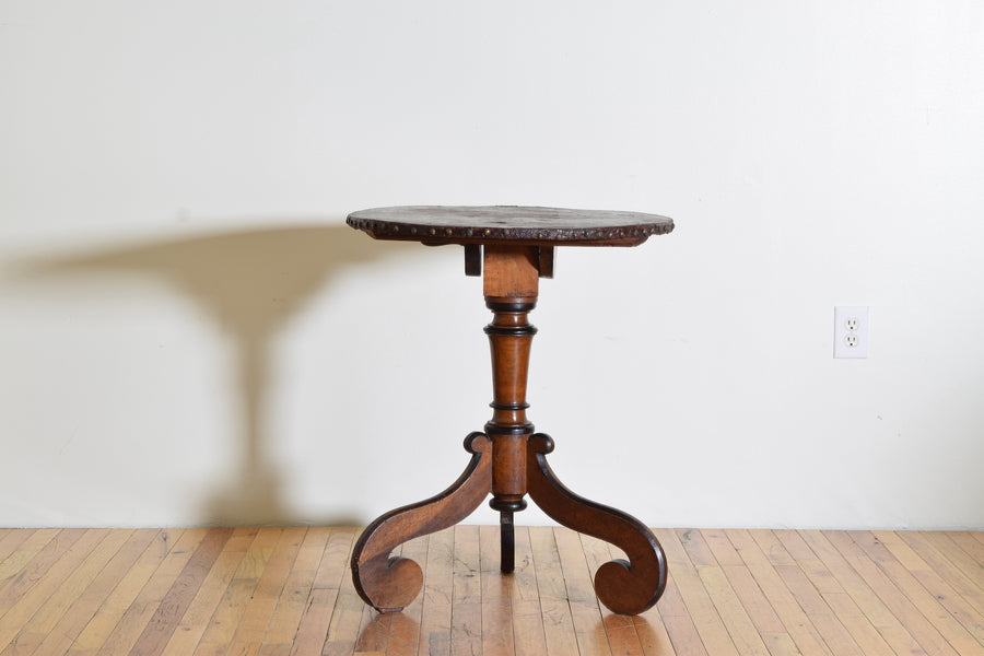 Near Pair of Walnut and Embossed Canvas Tilt-Top Tables