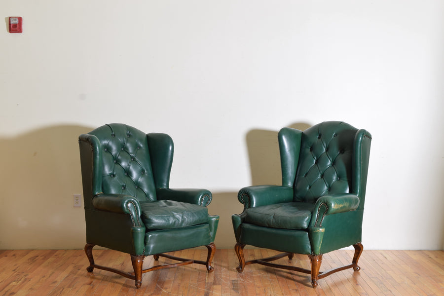 Pair of Green Tufted Leather Wing Chairs