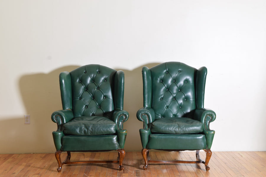 Pair of Green Tufted Leather Wing Chairs