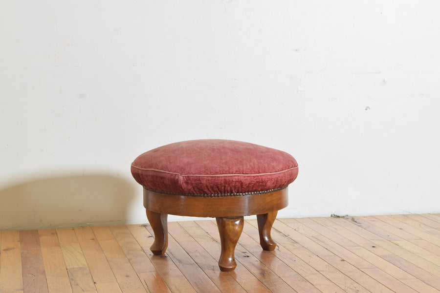 Velvet Upholstered Walnut Footstool or Pouf