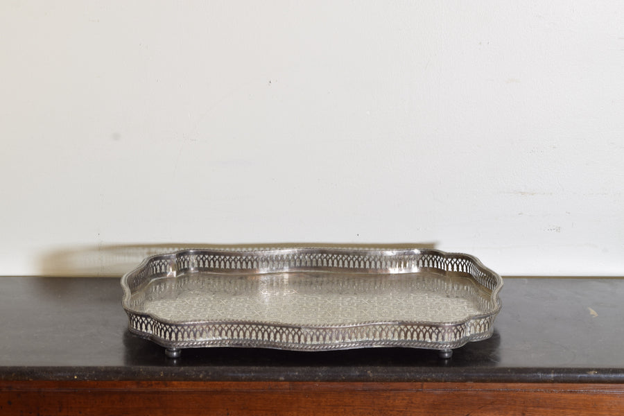 Engraved Silver Plate Serving Tray with Pierced Gallery