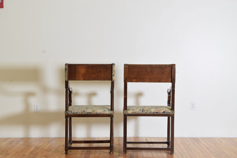 Near Pair of Walnut and Tapestry Armchairs