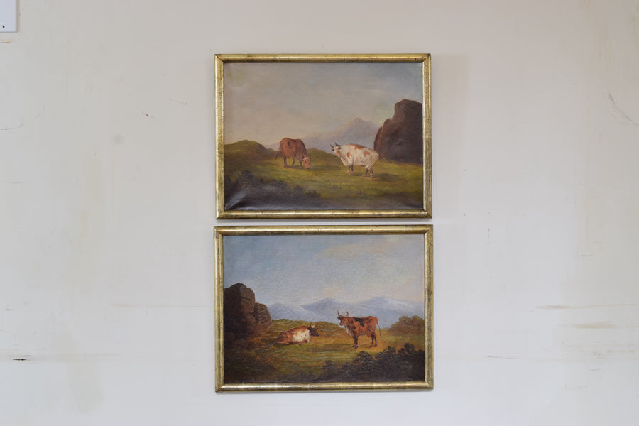 Pair of Oils on Canvas, Grazing Cattle in Mountain Landscape