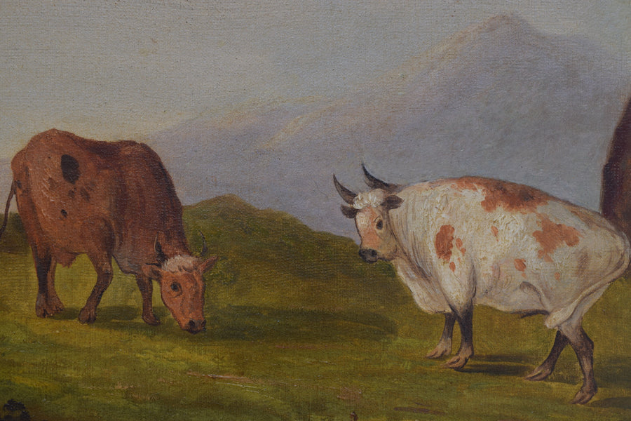 Pair of Oils on Canvas, Grazing Cattle in Mountain Landscape
