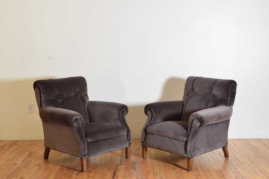 Pair of Poltrona Frau Velvet Upholstered Club Chairs