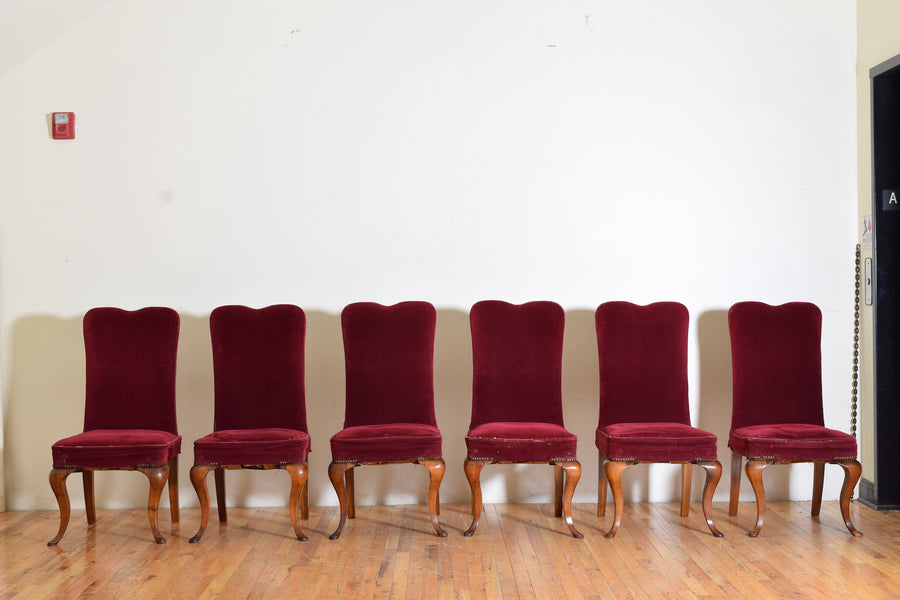 Set of 6 Shaped Walnut and Upholstered Dining Chairs