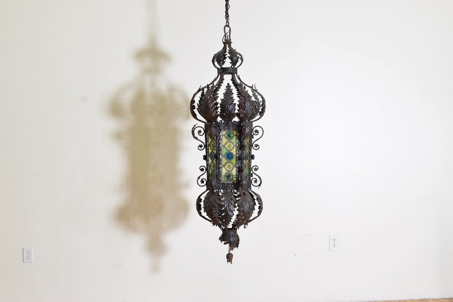 Large Wrought Iron, Metal, and Leaded Glass Lantern