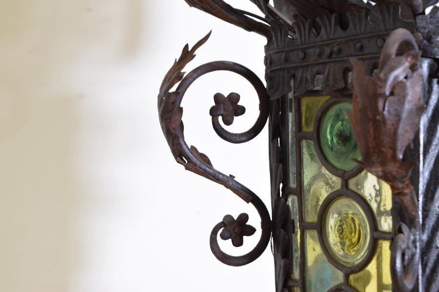 Large Wrought Iron, Metal, and Leaded Glass Lantern
