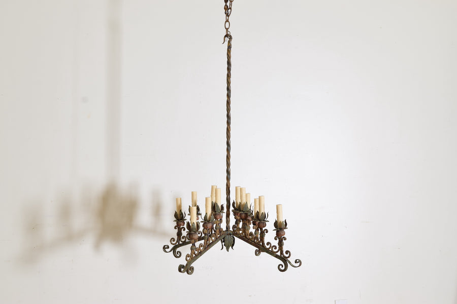 Wrought Iron and Polychrome Painted 12-Light Chandelier