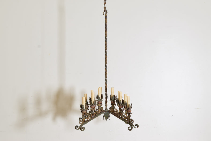 Wrought Iron and Polychrome Painted 12-Light Chandelier