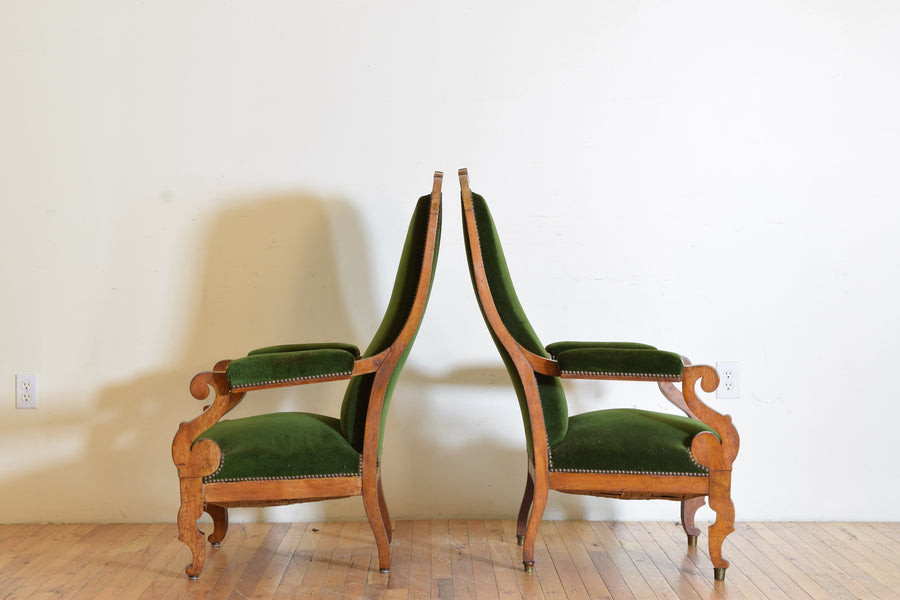 Pair of Light Walnut and Upholstered Fauteuils