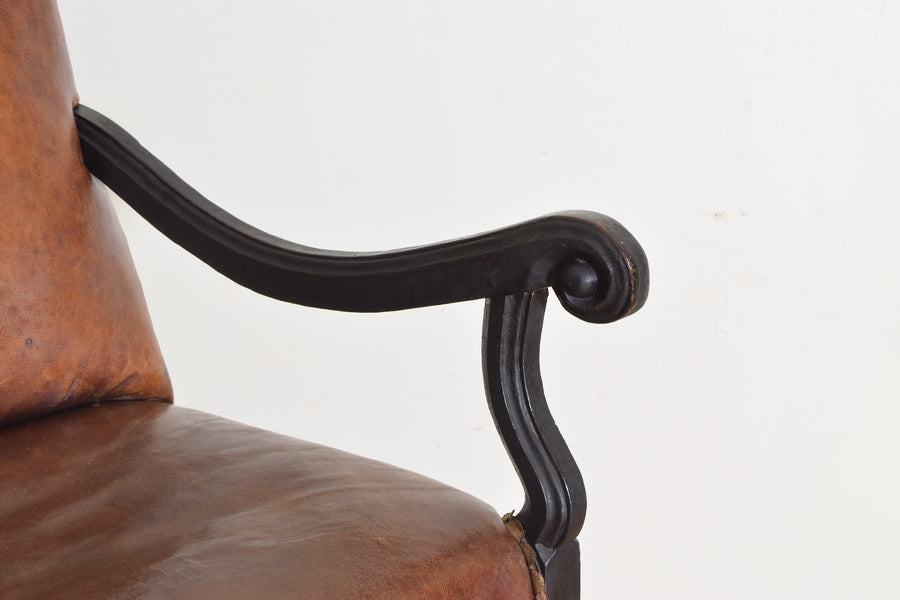Ebonized Walnut and Leather Upholstered Armchair