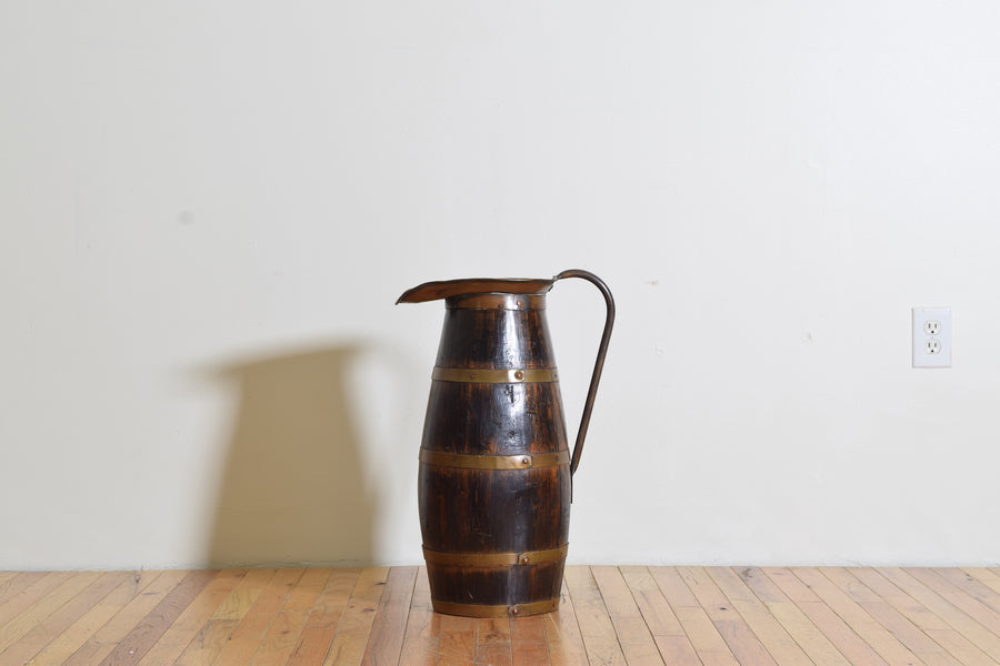 Oak, Brass, and Copper Handled Pitcher