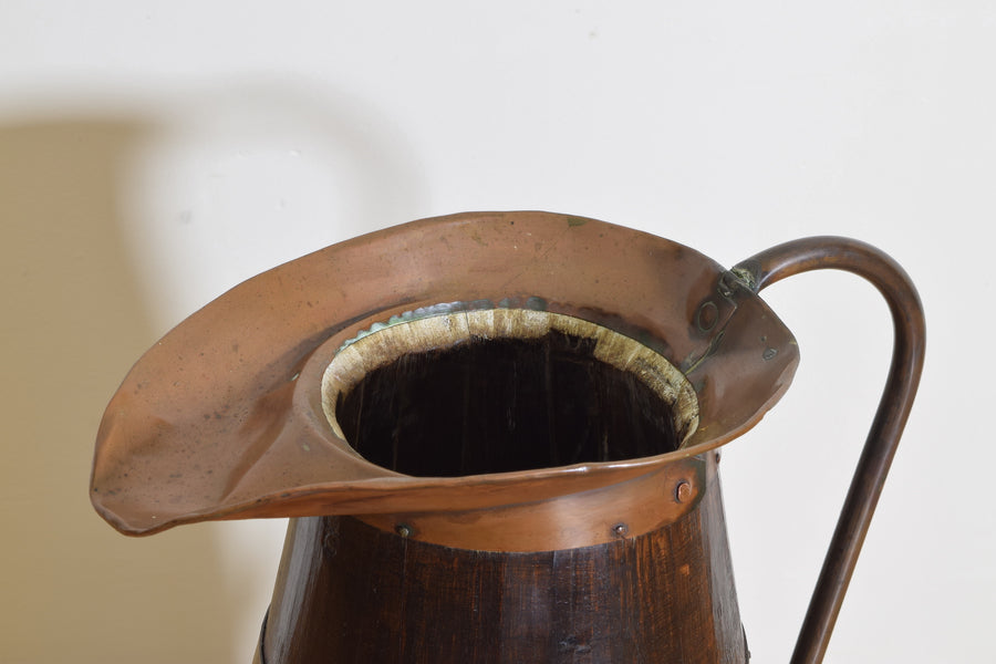 Oak, Brass, and Copper Handled Pitcher
