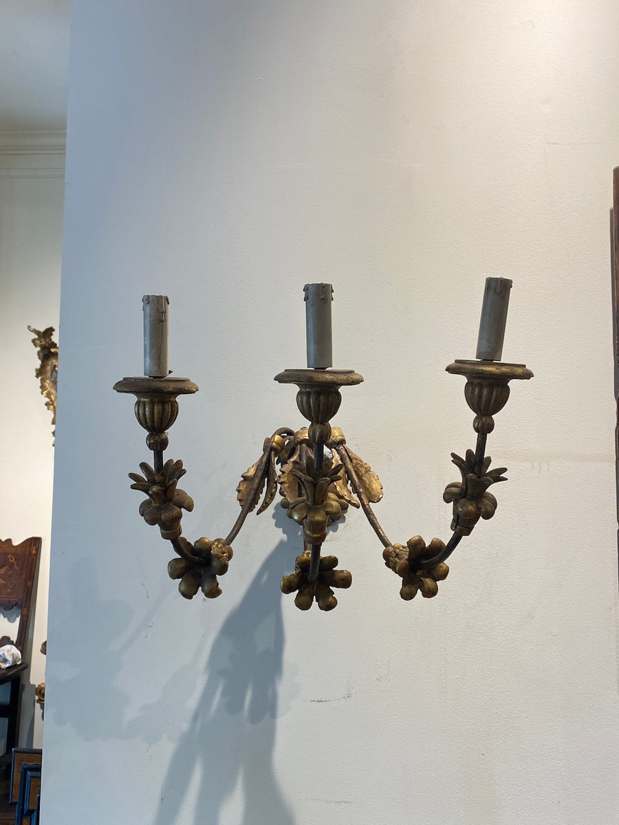 Pair of Iron and Giltwood 3-Light Sconces
