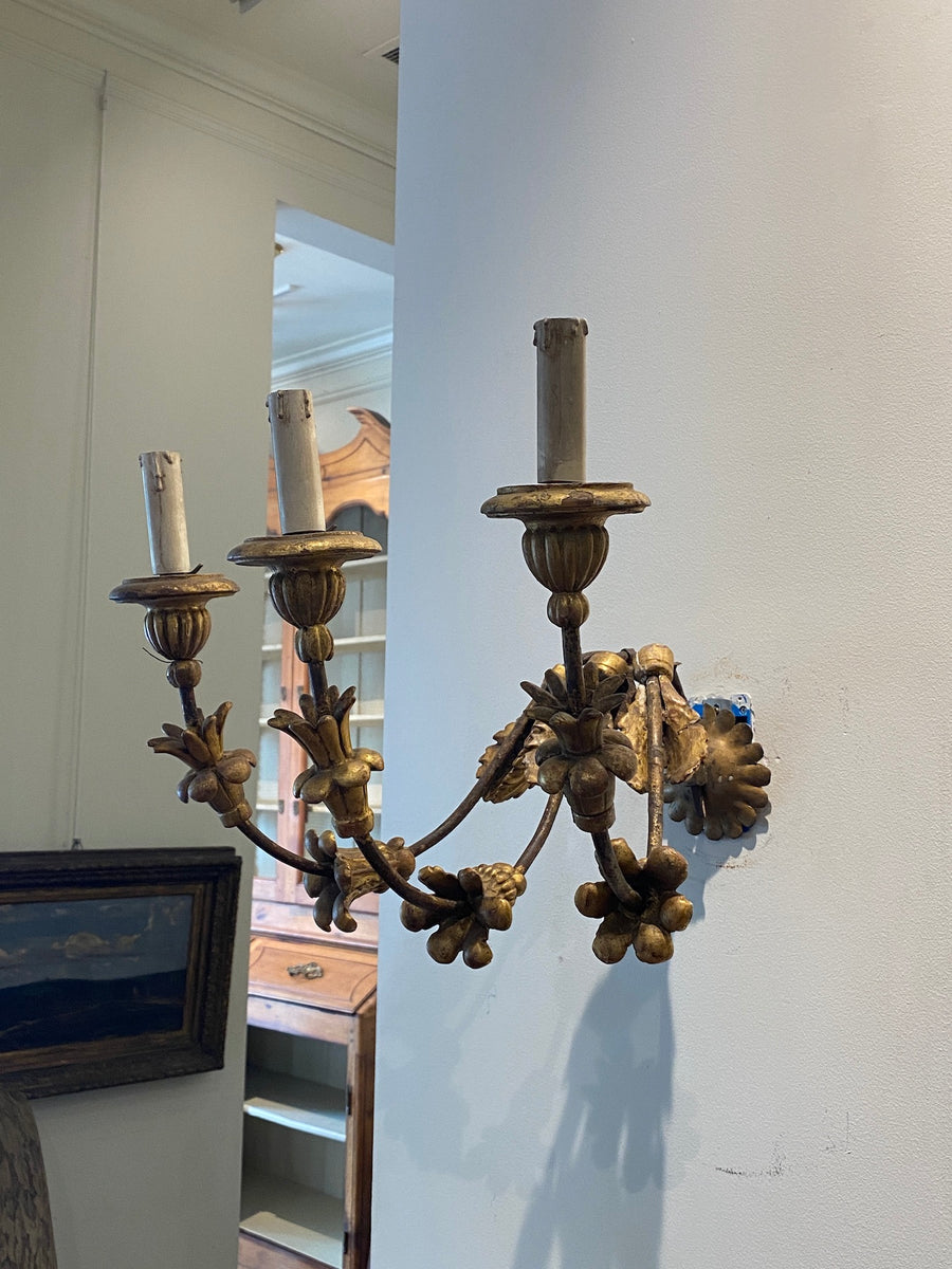 Pair of Iron and Giltwood 3-Light Sconces
