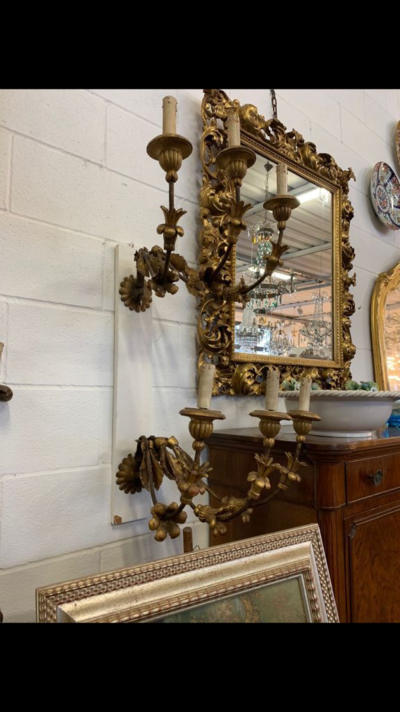 Pair of Iron and Giltwood 3-Light Sconces