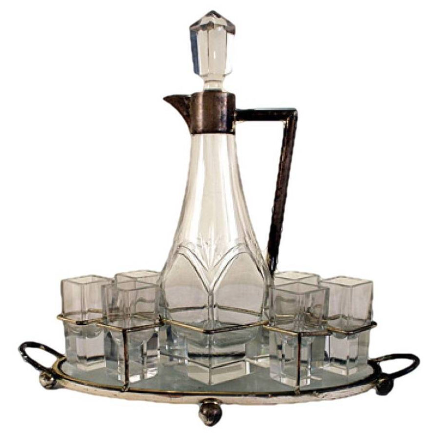 Sterling Silver Trimmed Glass Decanter Set and Mirrored Tray