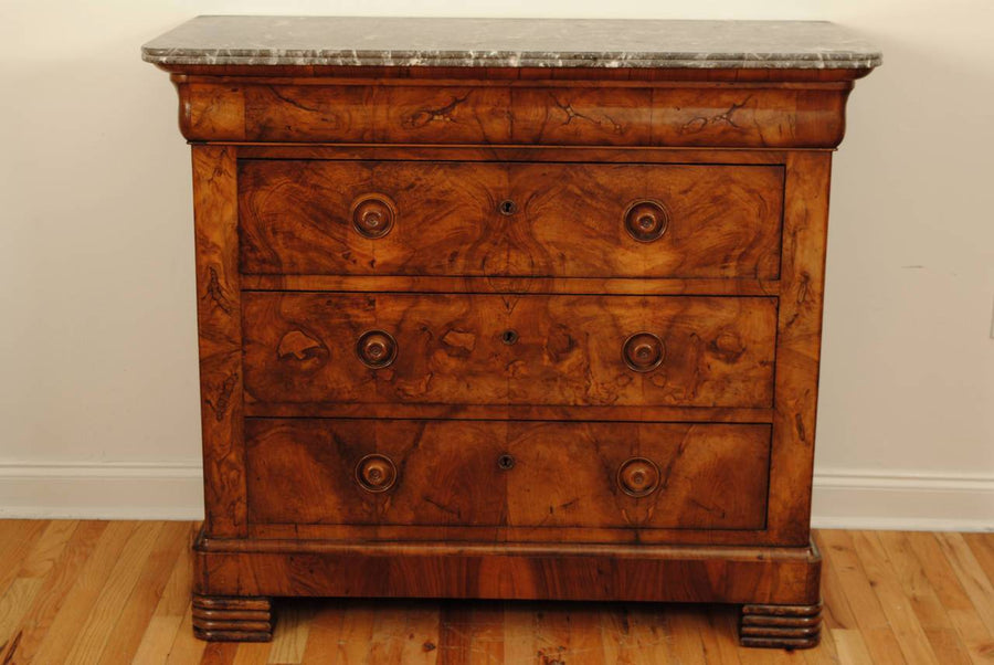 Burled Walnut 3-Drawer Marble-Top Commode