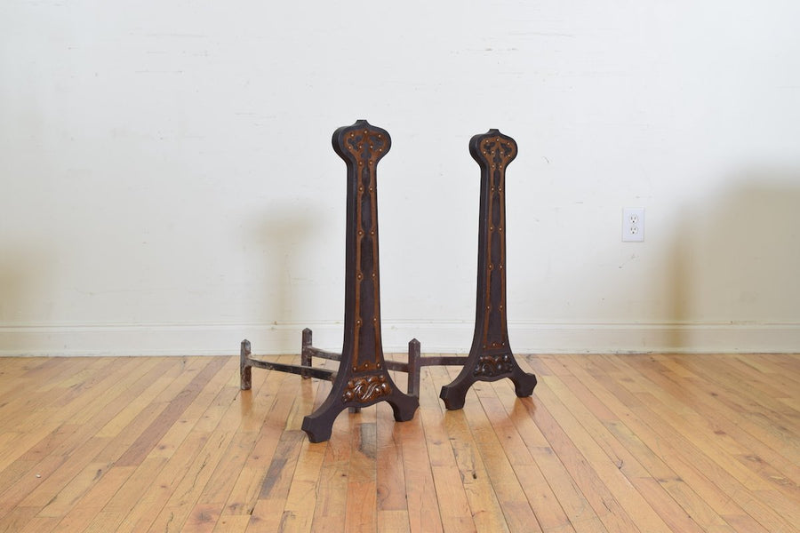 Pair of Cast Iron and Copper Andirons