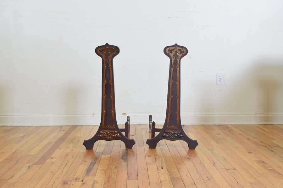 Pair of Cast Iron and Copper Andirons