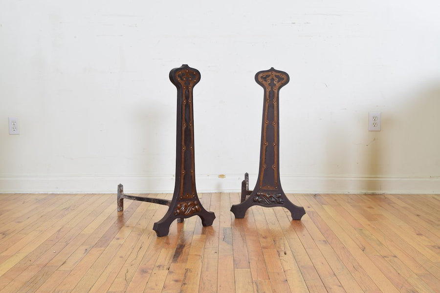 Pair of Cast Iron and Copper Andirons